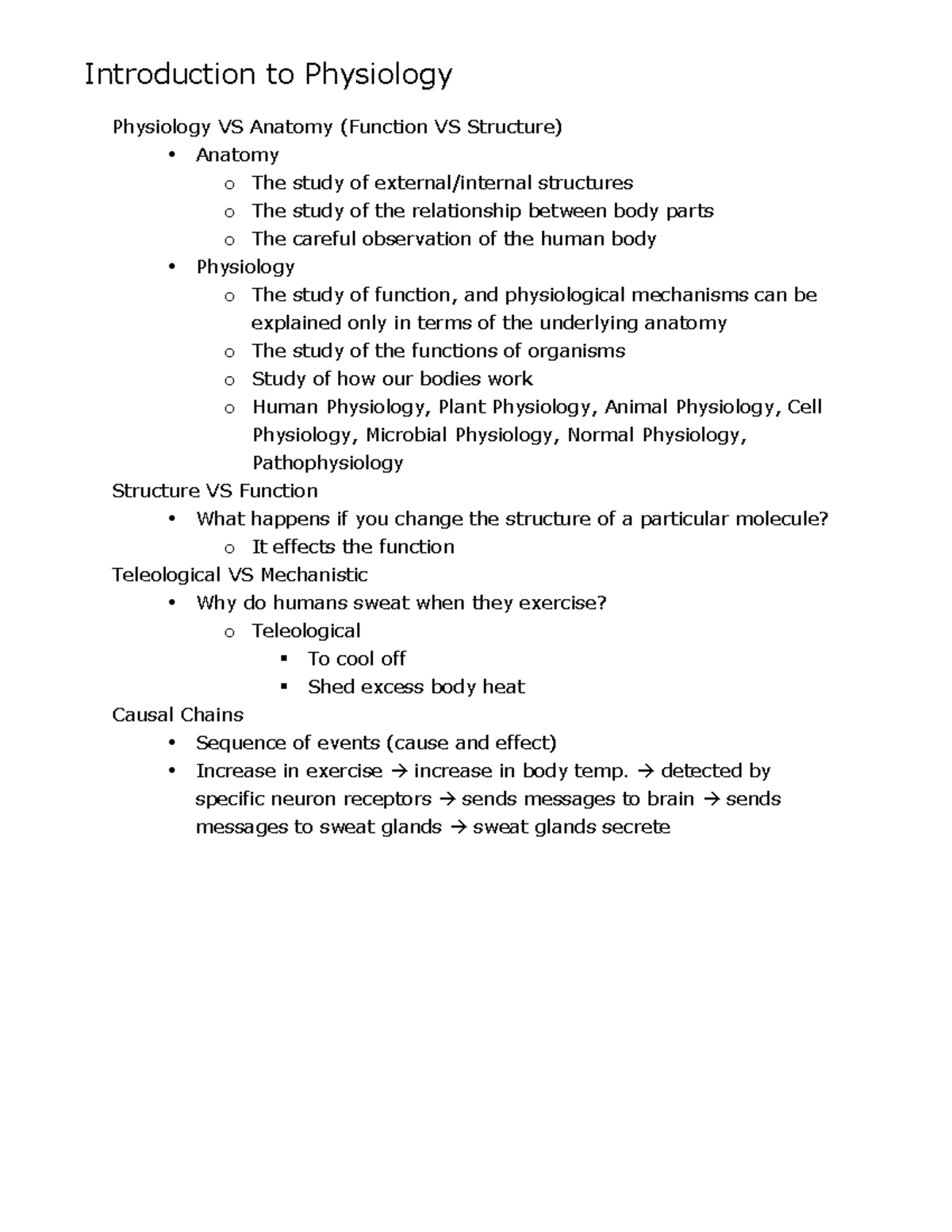 Physiology Chapter Summaries Introduction to Physiology Physiology VS Anatomy (Function VS