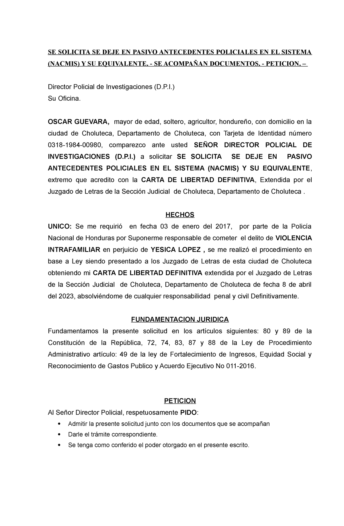 Solicitud DE Limpieza DE Antecedentes Policiales Oscar Guevara - SE ...