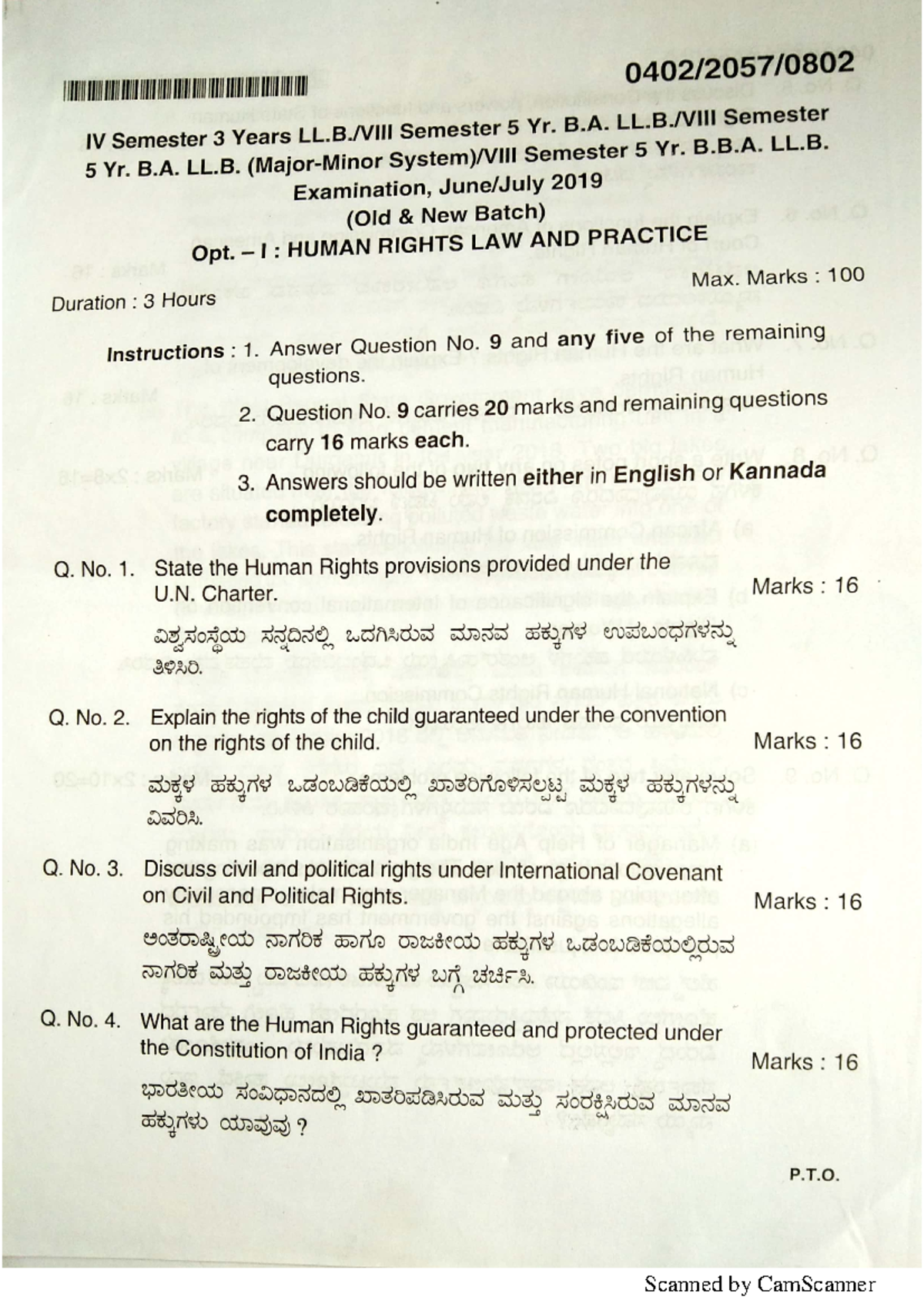 Human Rights Question Paper for year 2019(June) - Human Rights Law and ...