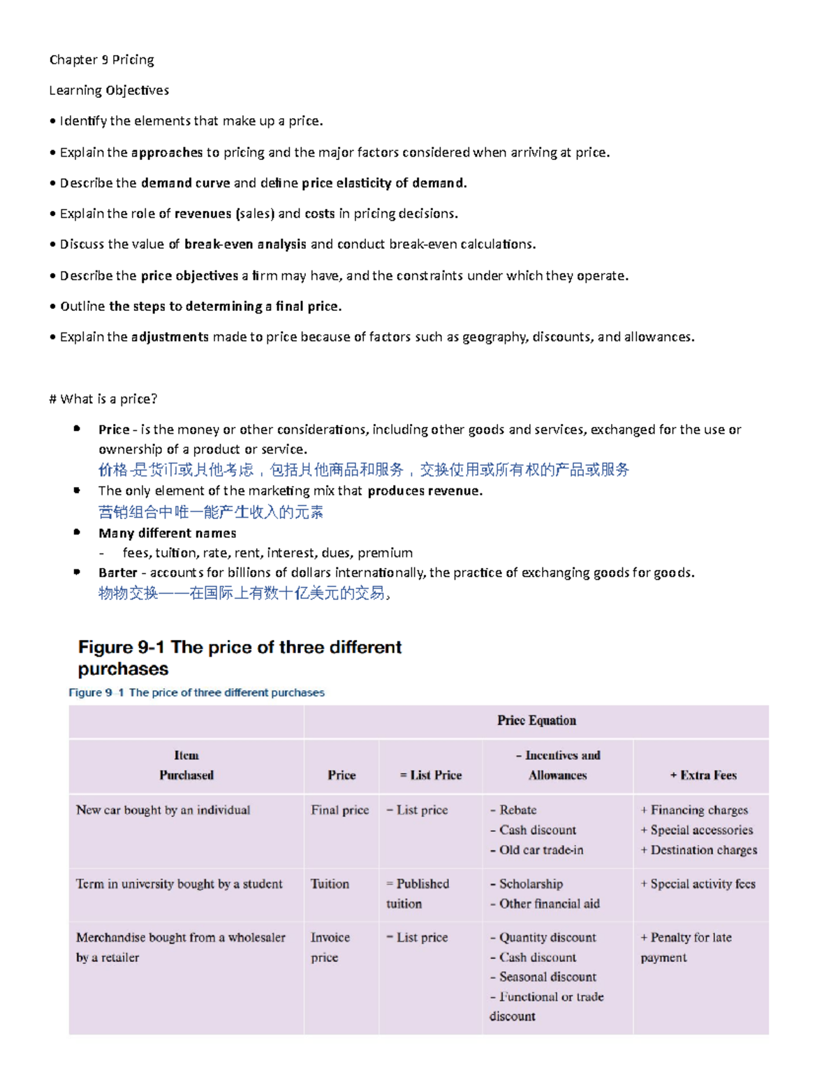 MKTGch 10 - Lecture notes 10 - Chapter 9 Pricing Learning Objectives ...
