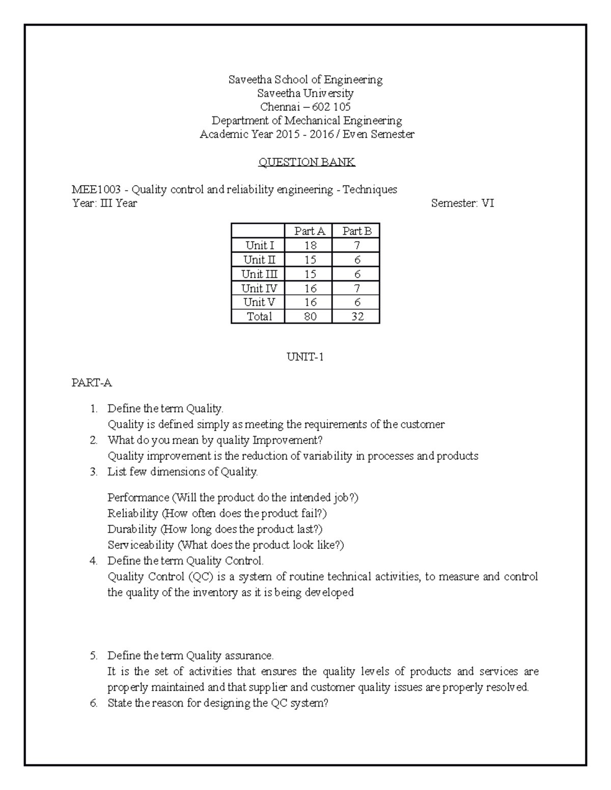 MEE1003 Quality control and reliability engineering Techniques