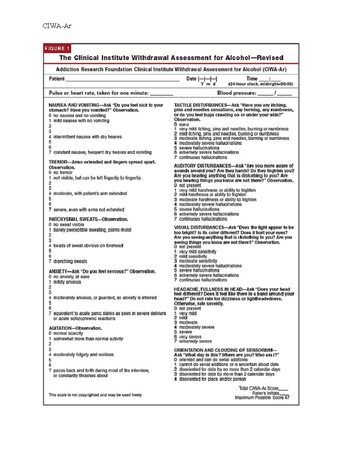 CIWA-Ar tool - PSL 445 - CIWA-Ar - Studocu