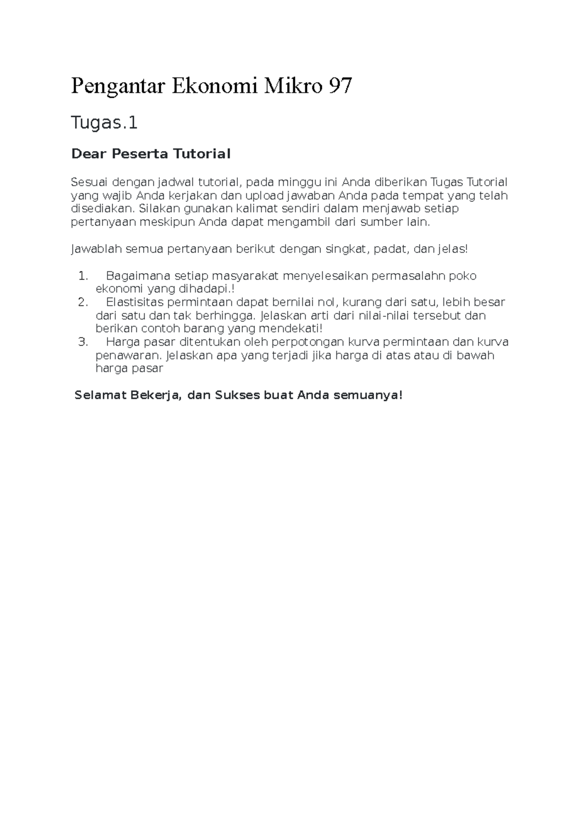 Tugas Pengantar Ekonomi Mikro 97 - Pengantar Ekonomi Mikro 97 Tugas ...