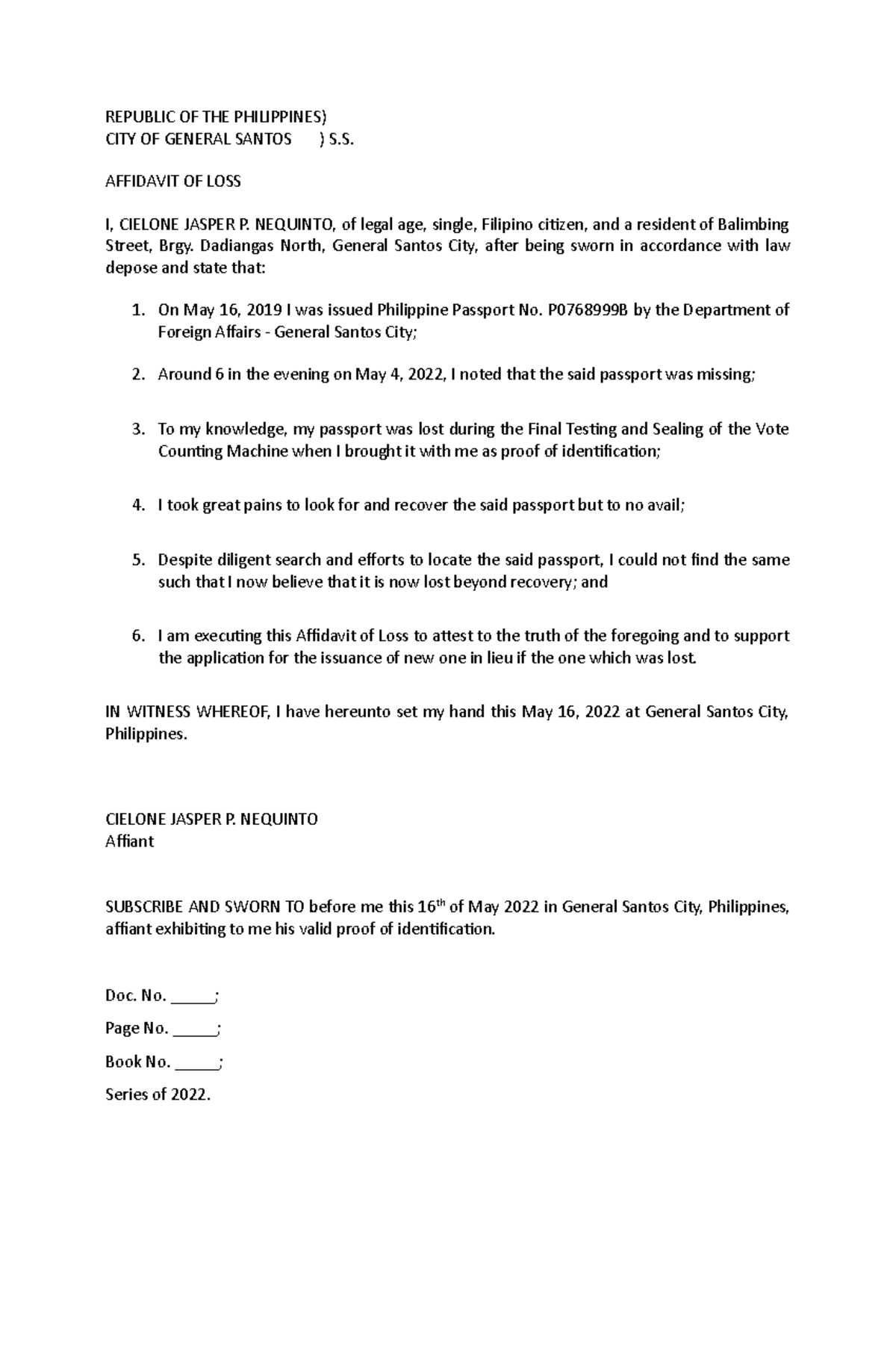 Legal Counseling Assignment 2 - REPUBLIC OF THE PHILIPPINES) CITY OF ...