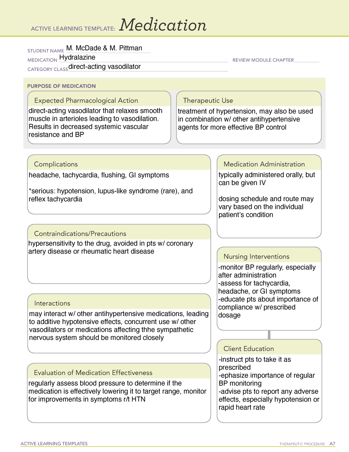 Hydralazine - ACTIVE LEARNING TEMPLATES TherapeuTic procedure A ...