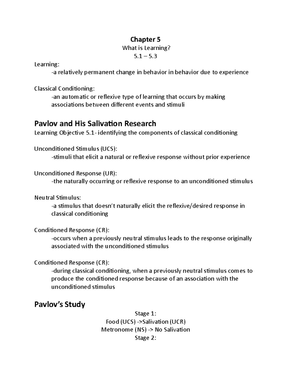 Psychology Chapter 5 Sections 5.1-5.3 - Chapter 5 What Is Learning? 5 ...