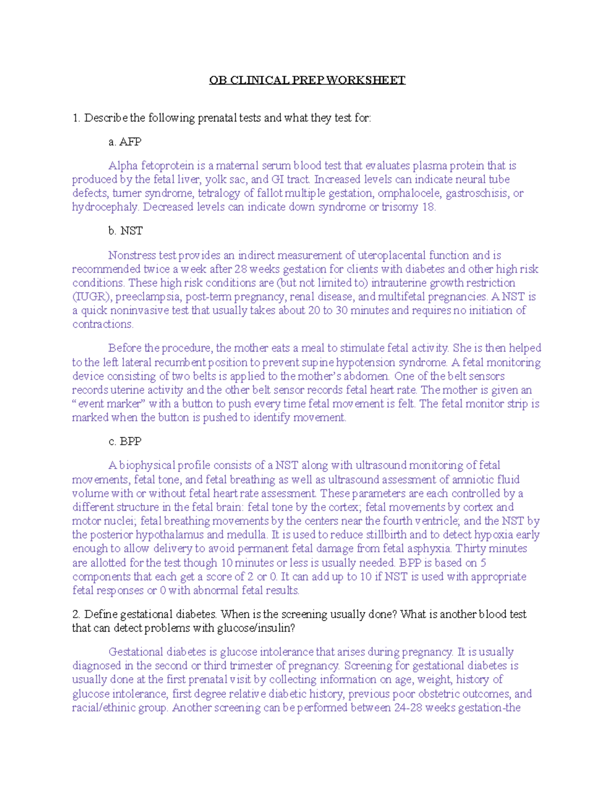 OB Clinical PREP Worksheet - OB CLINICAL PREP WORKSHEET Describe the ...