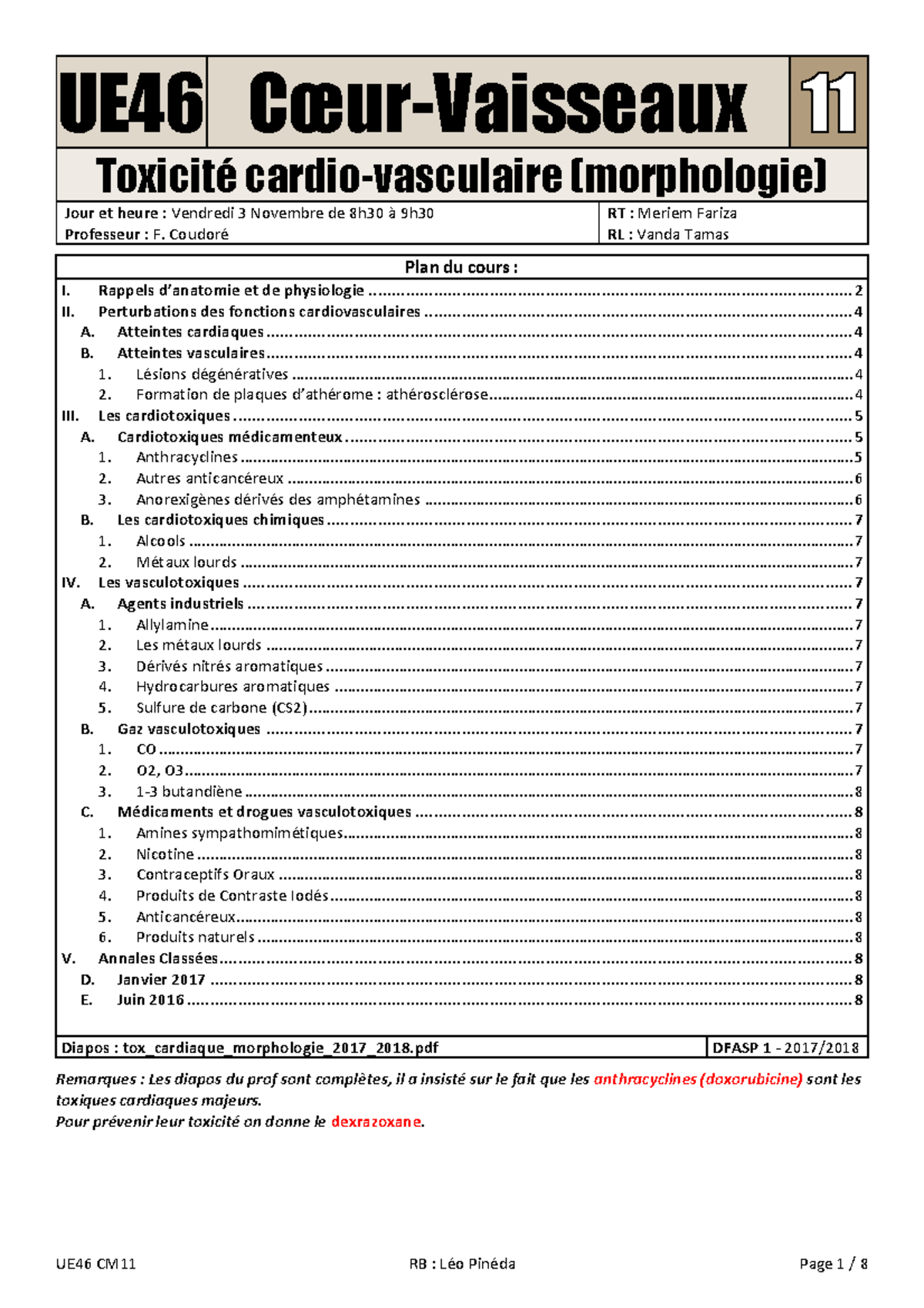 UE46 CM11 AC - Notes De Cours 11 - UE46 Cœur-Vaisseaux Toxicité Cardio ...