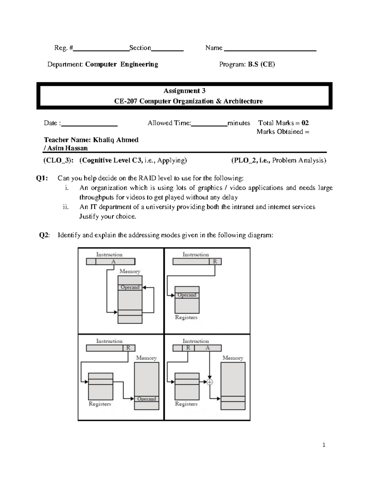 5. Assignment 3 - 1 Assignment 3 CE-207 Computer Organization ...