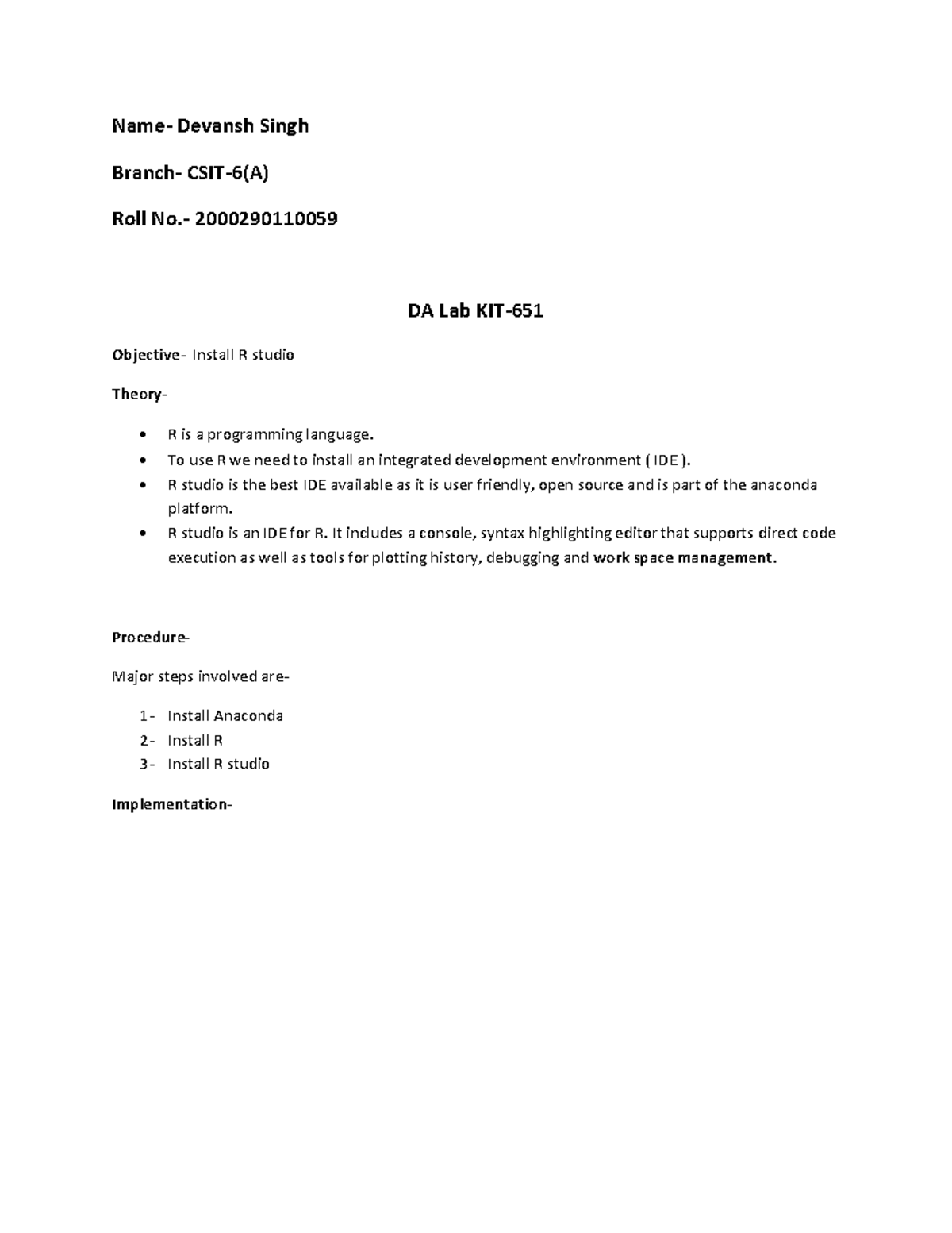 DA lab assignment-1 - Name- Devansh Singh Branch- CSIT-6(A) Roll No ...