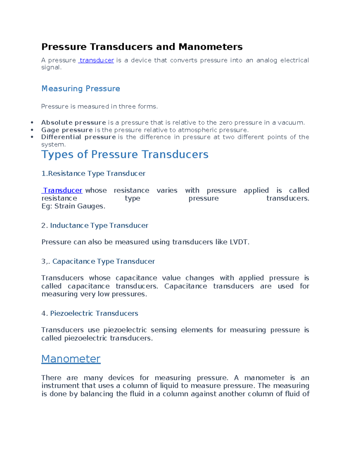 Pressure Transducers and Manometers - Measuring Pressure Pressure is ...