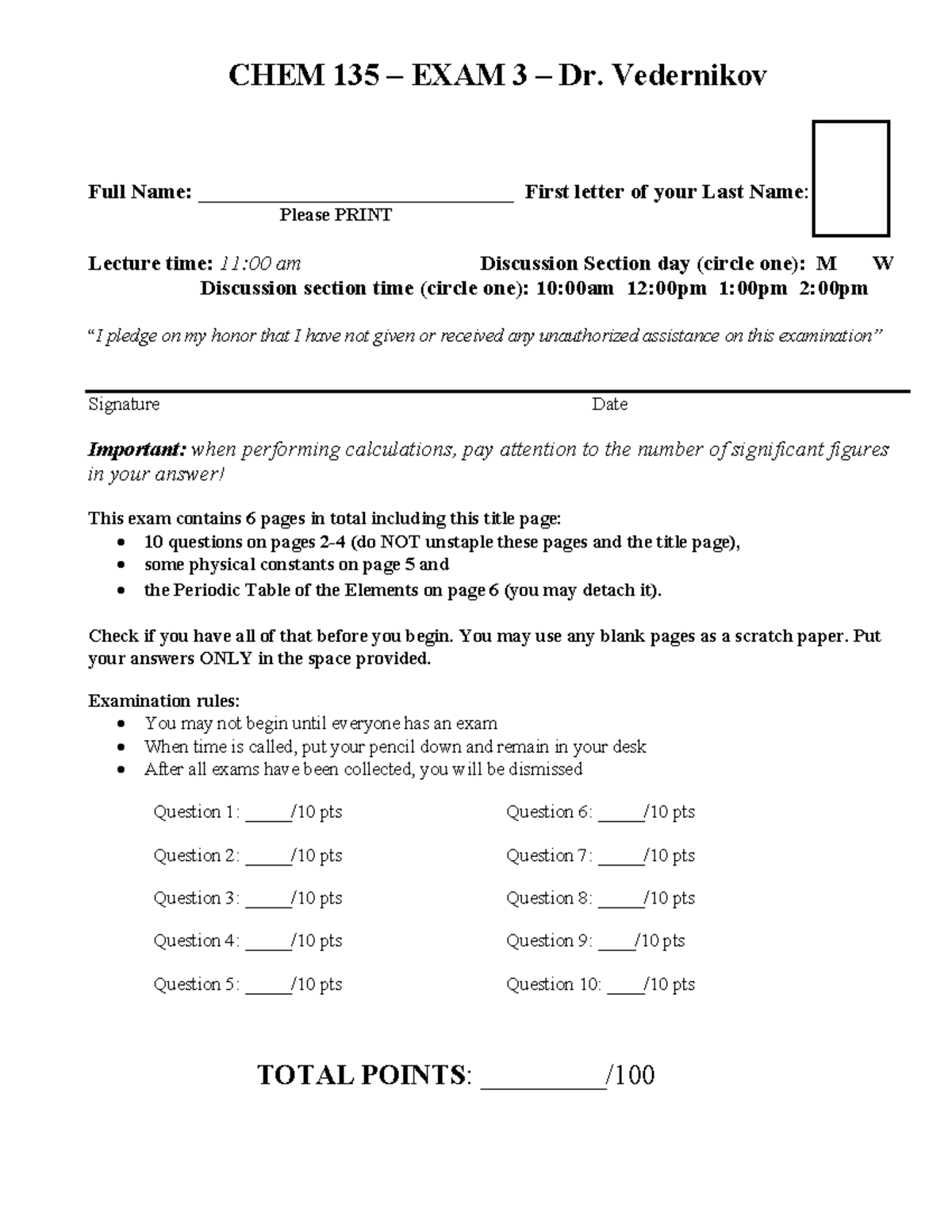Old Midterm Exam 3 - This is the Empty Exam For Chem 135 for exam 3 ...