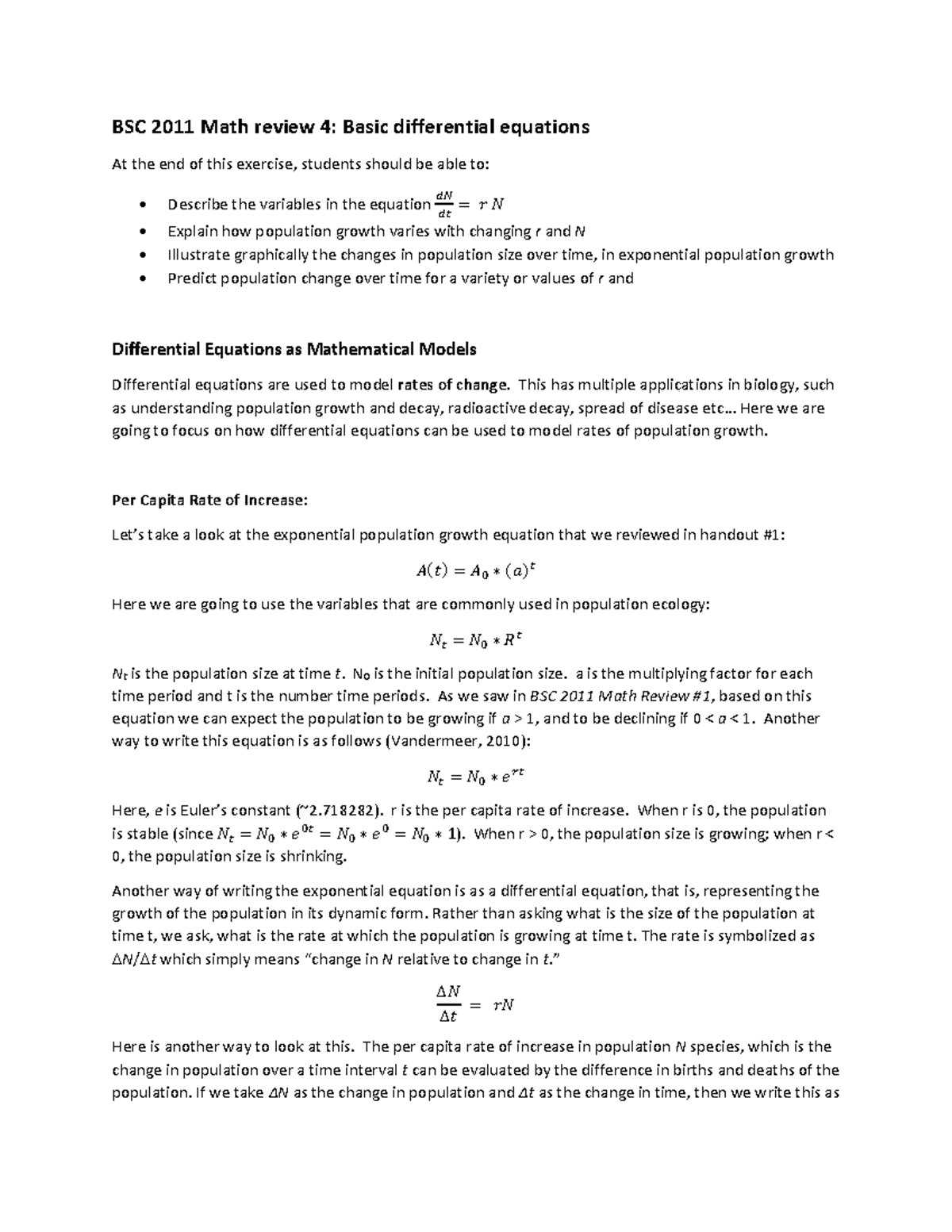 BSC 2011 Math Review 4 Differential Equations 1 - BSC2011 - USF - Studocu