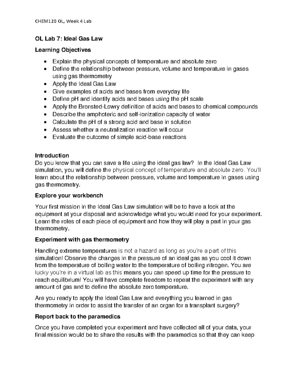 Week 4 Lab- Ideal Gas Law and Acids and Bases - OL Lab 7: Ideal Gas Law ...