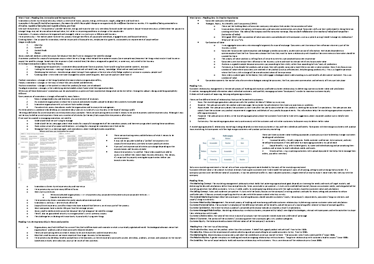 Business Cheat Sheet - Week Three – Read ing On e: Innovation and ...