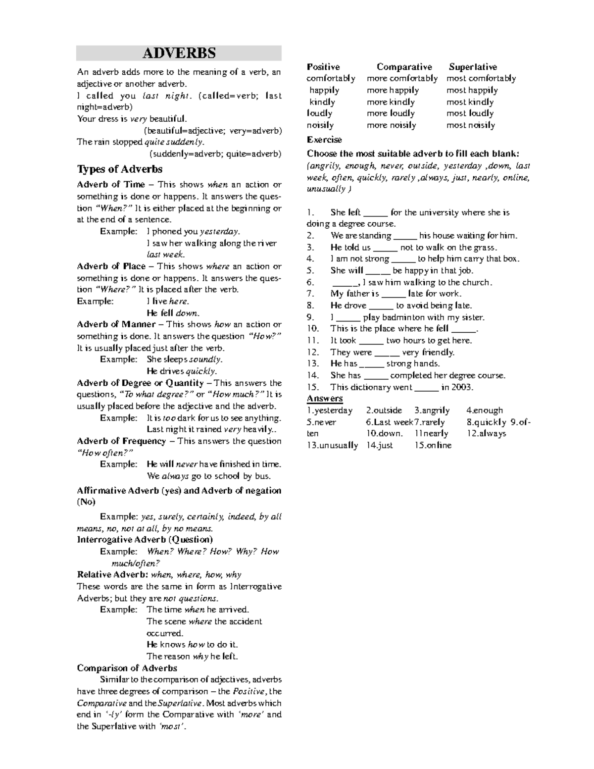 English Practice test- Adverbs - ADVERBS An adverb adds more to the ...