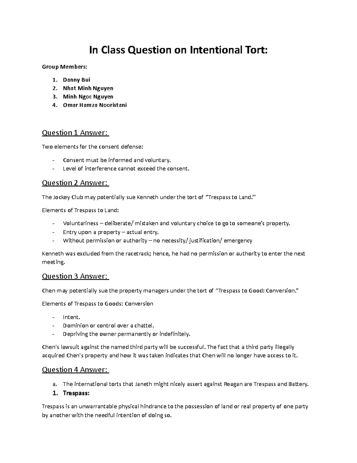 Group Discussion - Week 2 - In Class Question on Intentional Tort ...