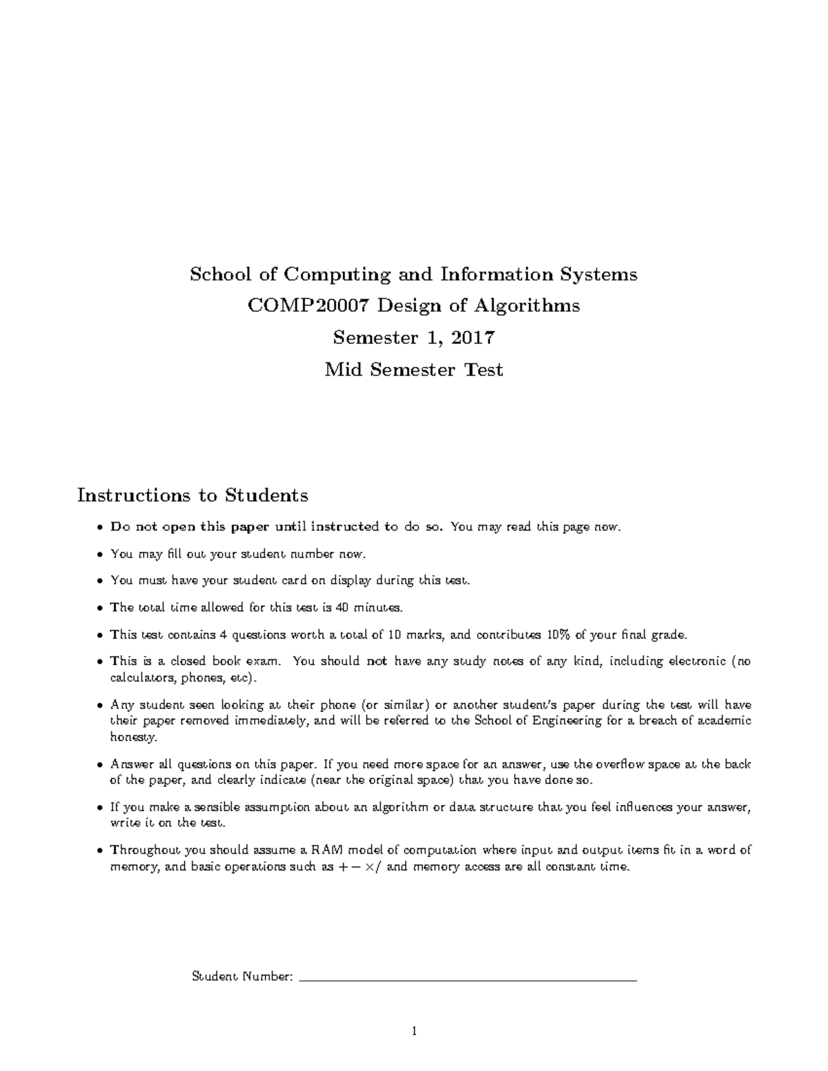 Exam June 2017 Questions School Of Computing And Information Systems Comp20007 Design Of Exam June 2017 Questions School Of Computing And Information Systems Comp20007 Design Of