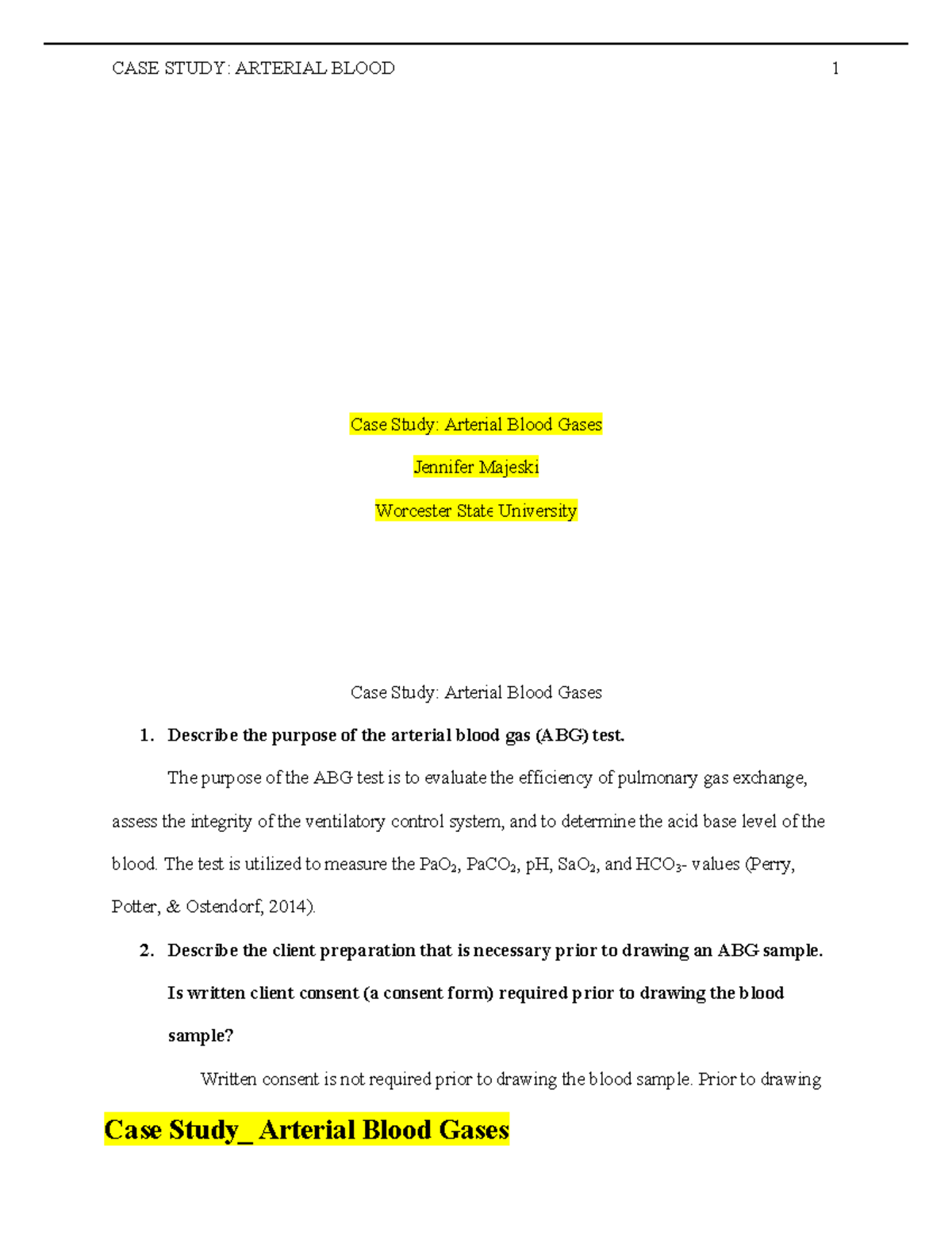 Case Study Arterial Blood Gases - GASES Case Study: Arterial Blood ...