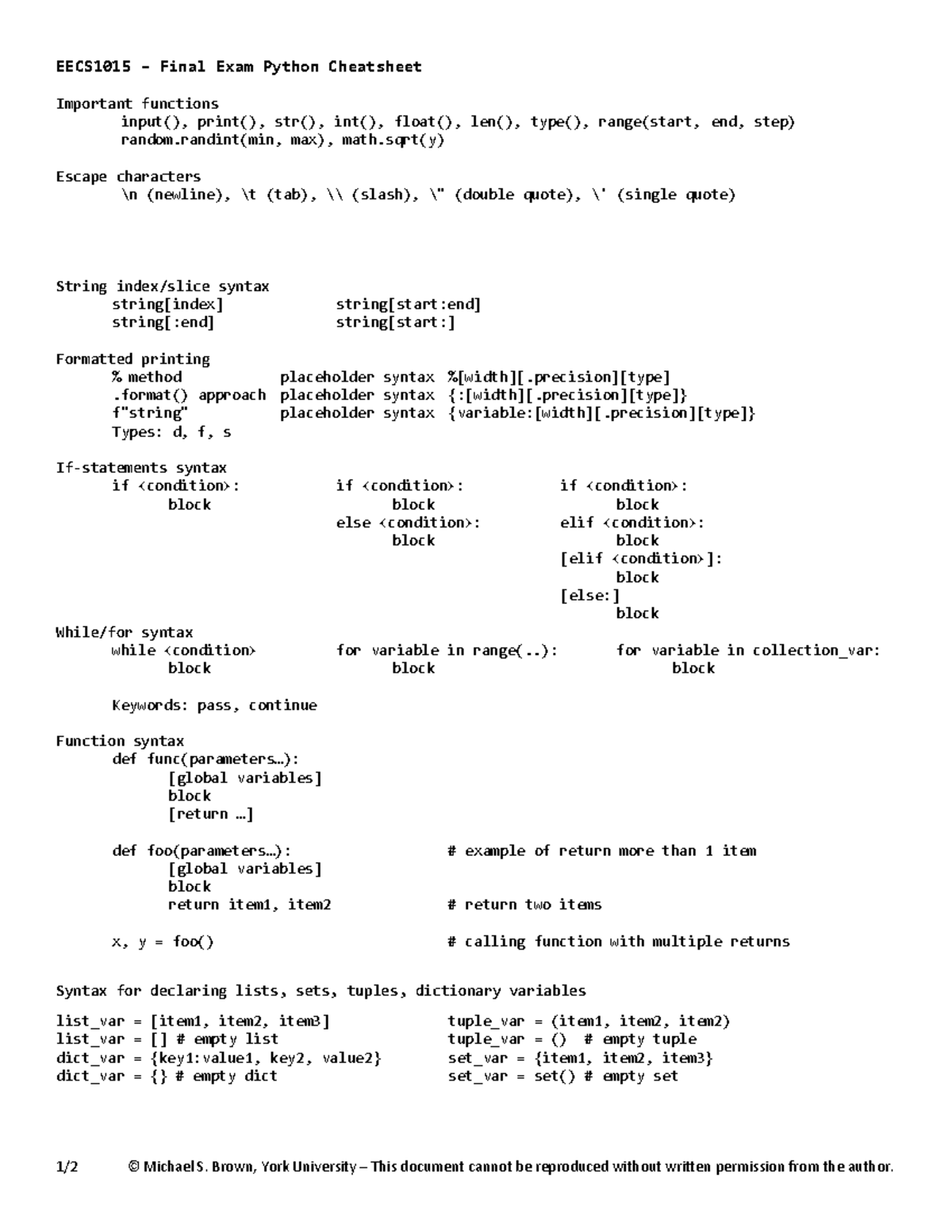 Python cheat sheet final exam v3 - 1/ 2 © Michael S. Brown, York ...