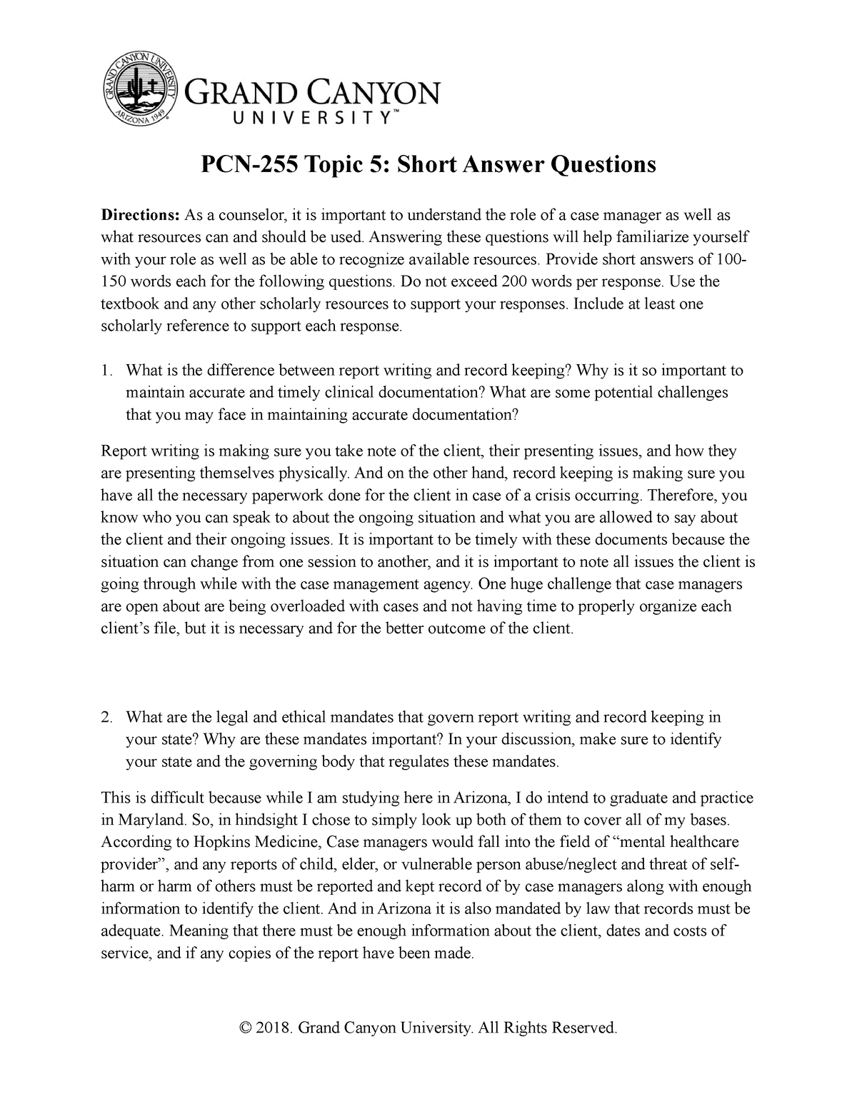 PCN255 Topic Five Short Answer Questions PCN255 Topic 5 Short