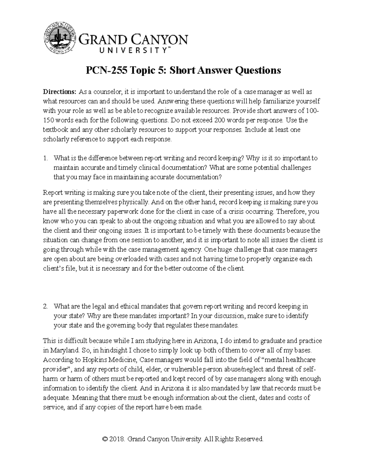 PCN255 Topic Five Short Answer Questions PCN255 Topic 5 Short