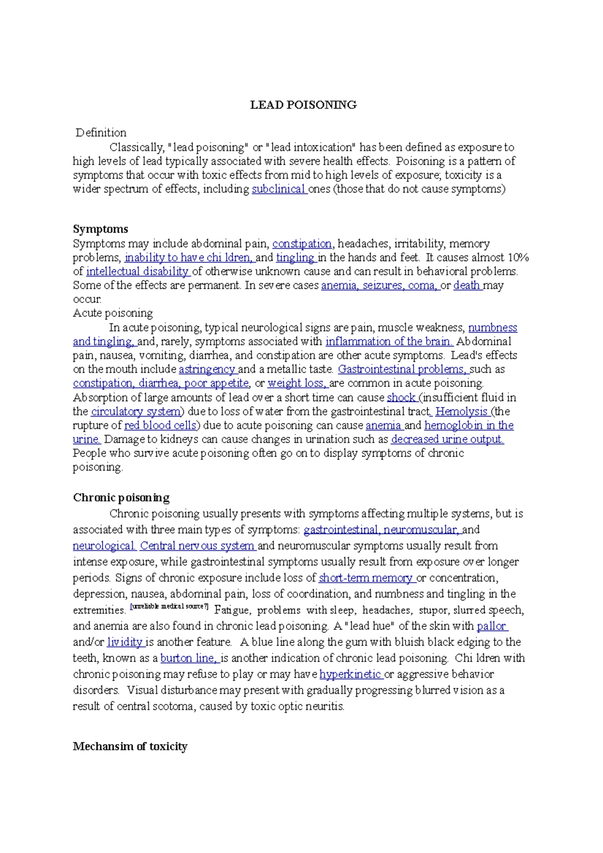 Lead poisoning Lecture notes 13 LEAD POISONING Definition Classically, "lead Studocu