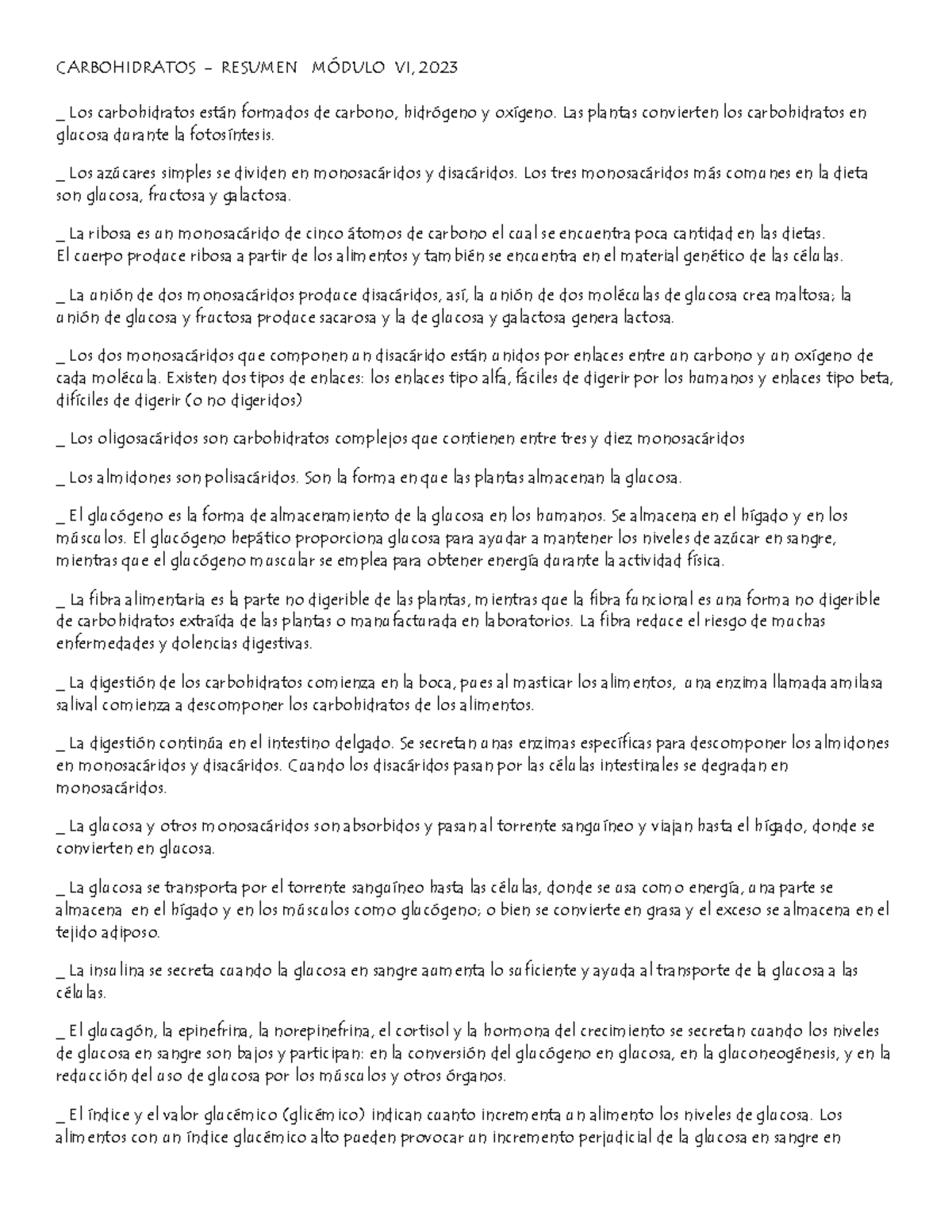 Carbohidratos - Resumen 4SEPT2023 - CARBOHIDRATOS - RESUMEN M”DULO VI ...
