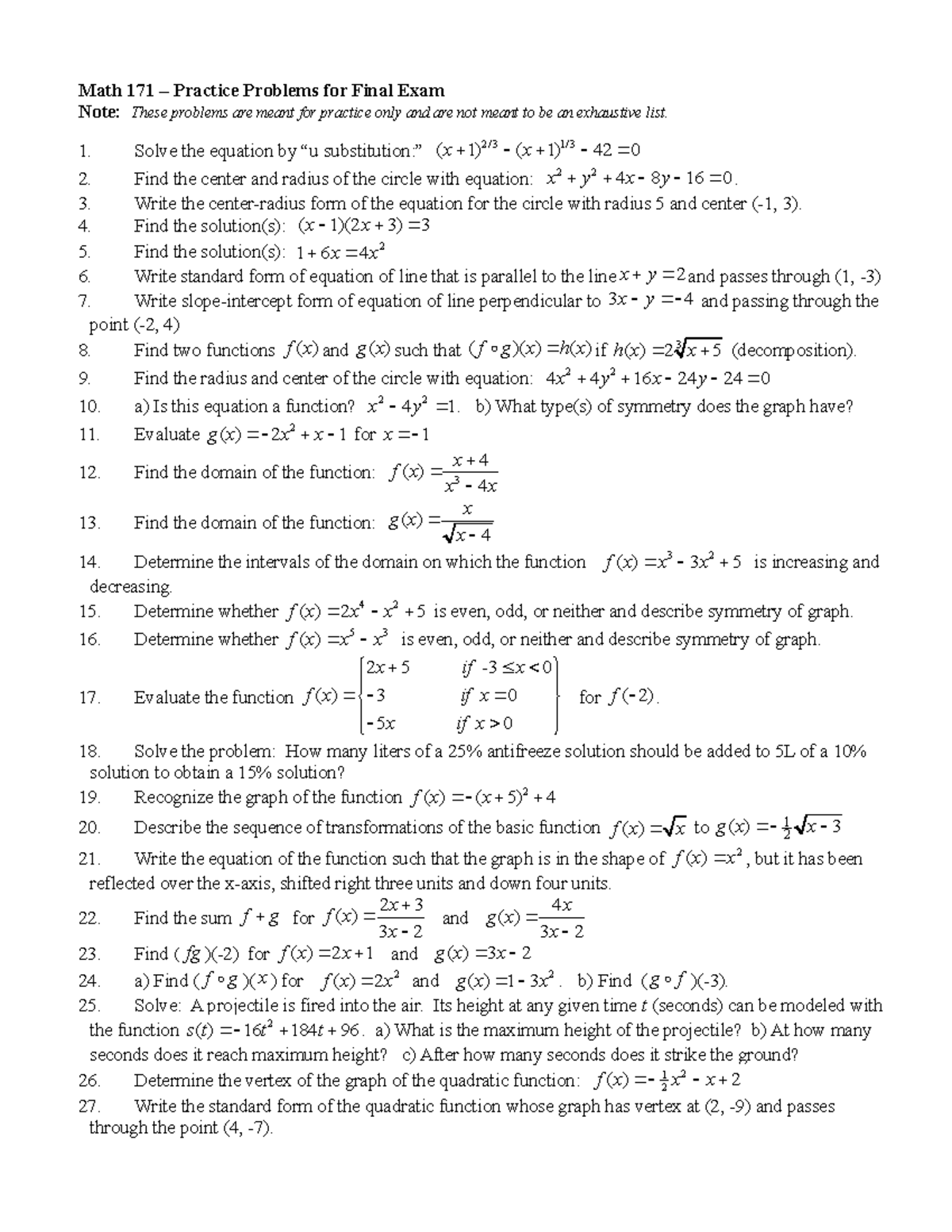 Final Exam Practice Problems 2019 - Math 171 – Practice Problems For ...