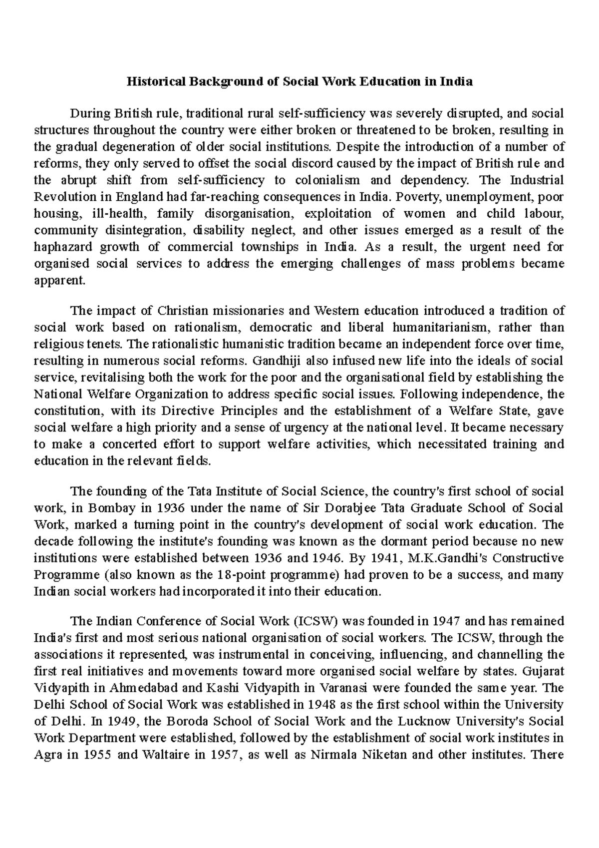 Historical Background of Social Work Education in India - Despite the ...