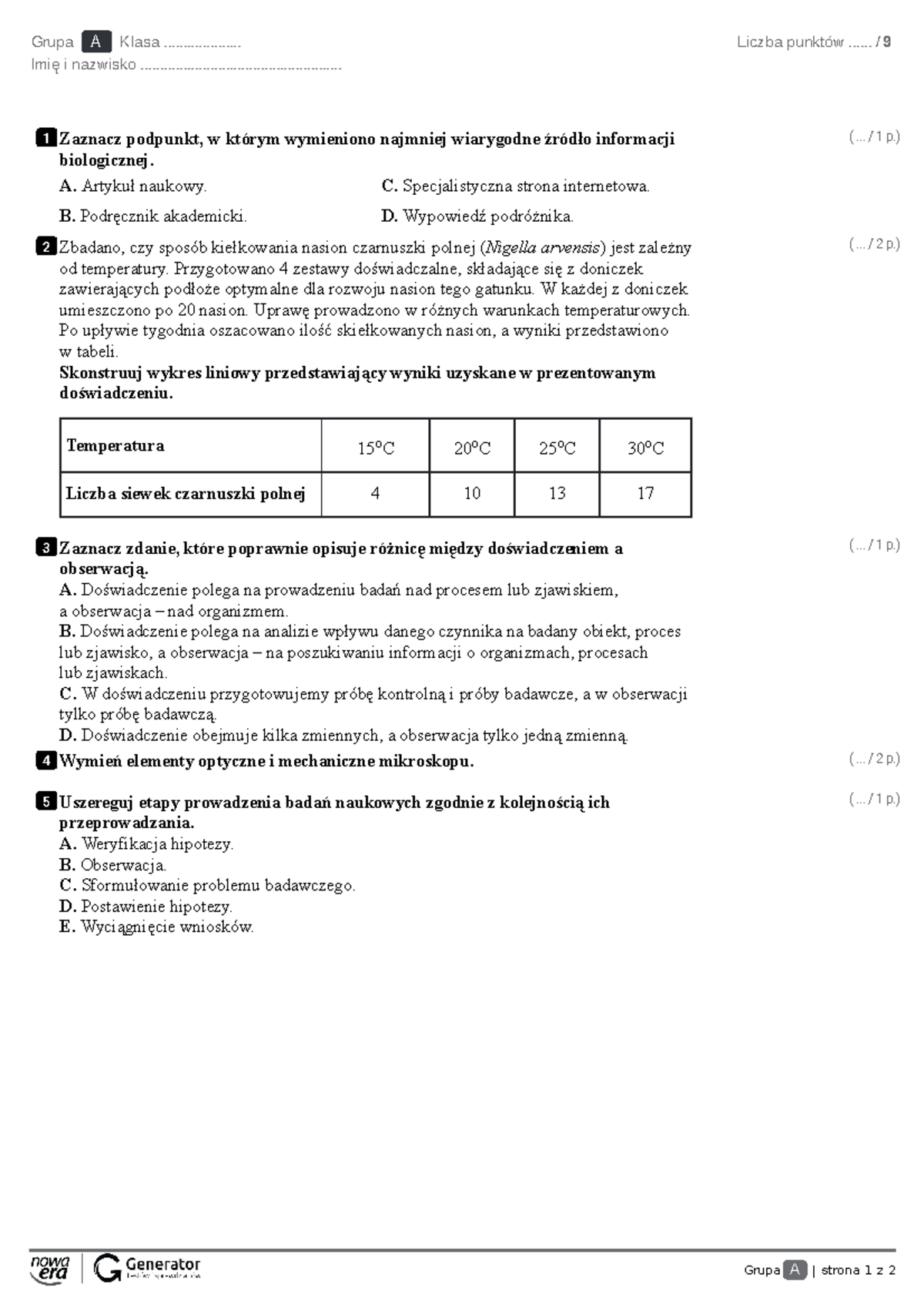 Test - test badania przyrodnicze - Grupa A | strona 1 z 2 Grupa A Klasa