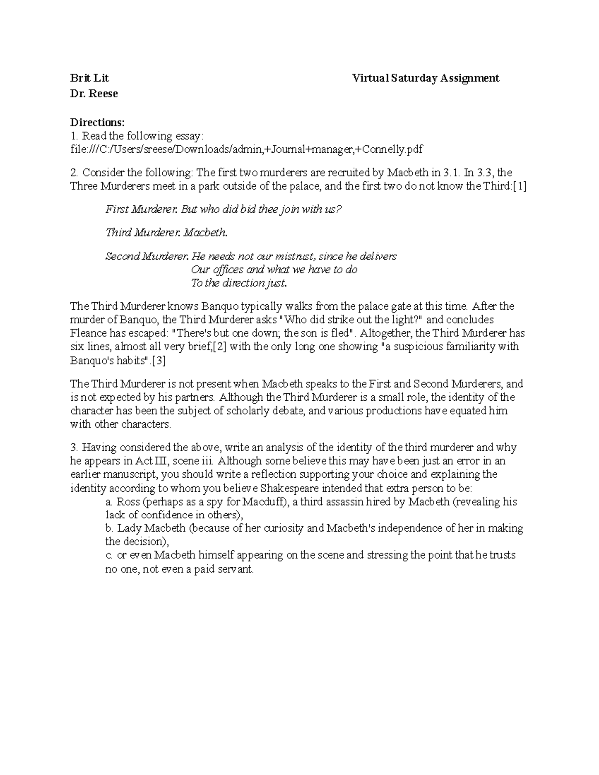 Brit Lit Virtual Saturday Assignment - Reese Directions: Read the ...