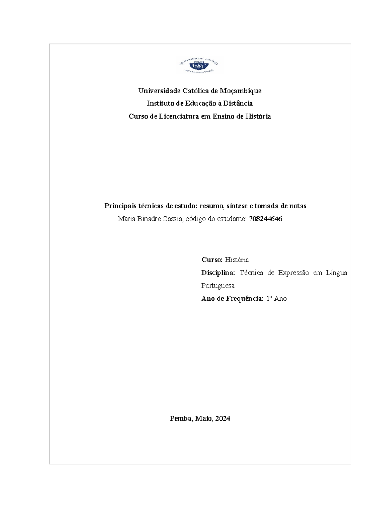 Trabalho de TEOC - 1ano UCM 011647 - Universidade Católica de ...
