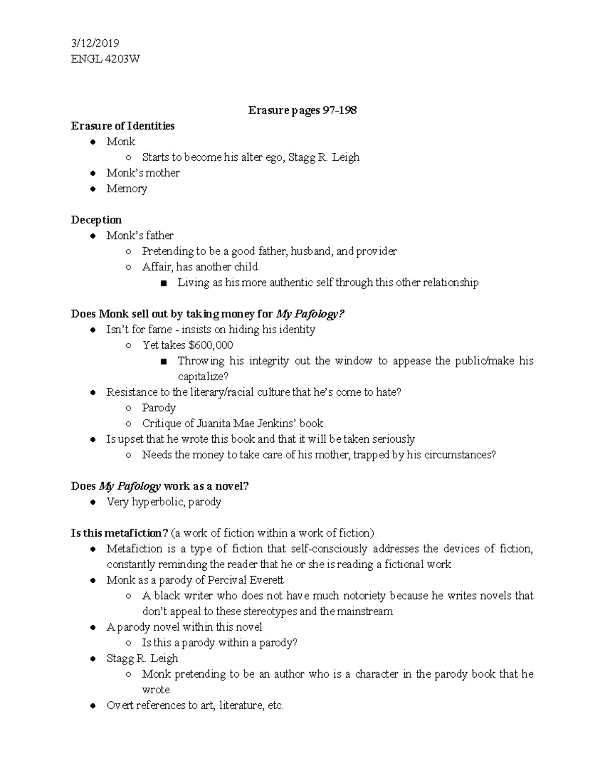 Erasure, Percival Everett Notes II - 3/12/ ENGL 4203W Erasure pages 97 ...