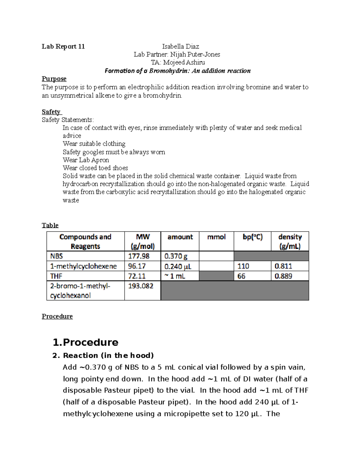 Lab Report 11 - Organic Chem 1: Experimental Lab 11 - Lab Report 11 ...