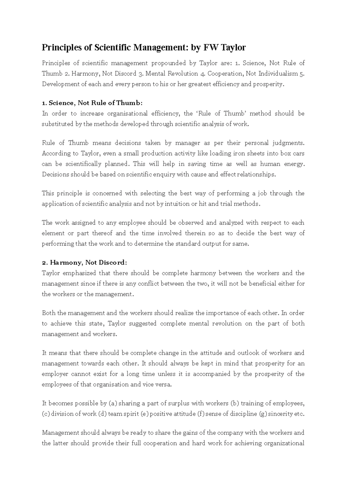 Principles of Scientific Management Science, Not Rule of Thumb 2