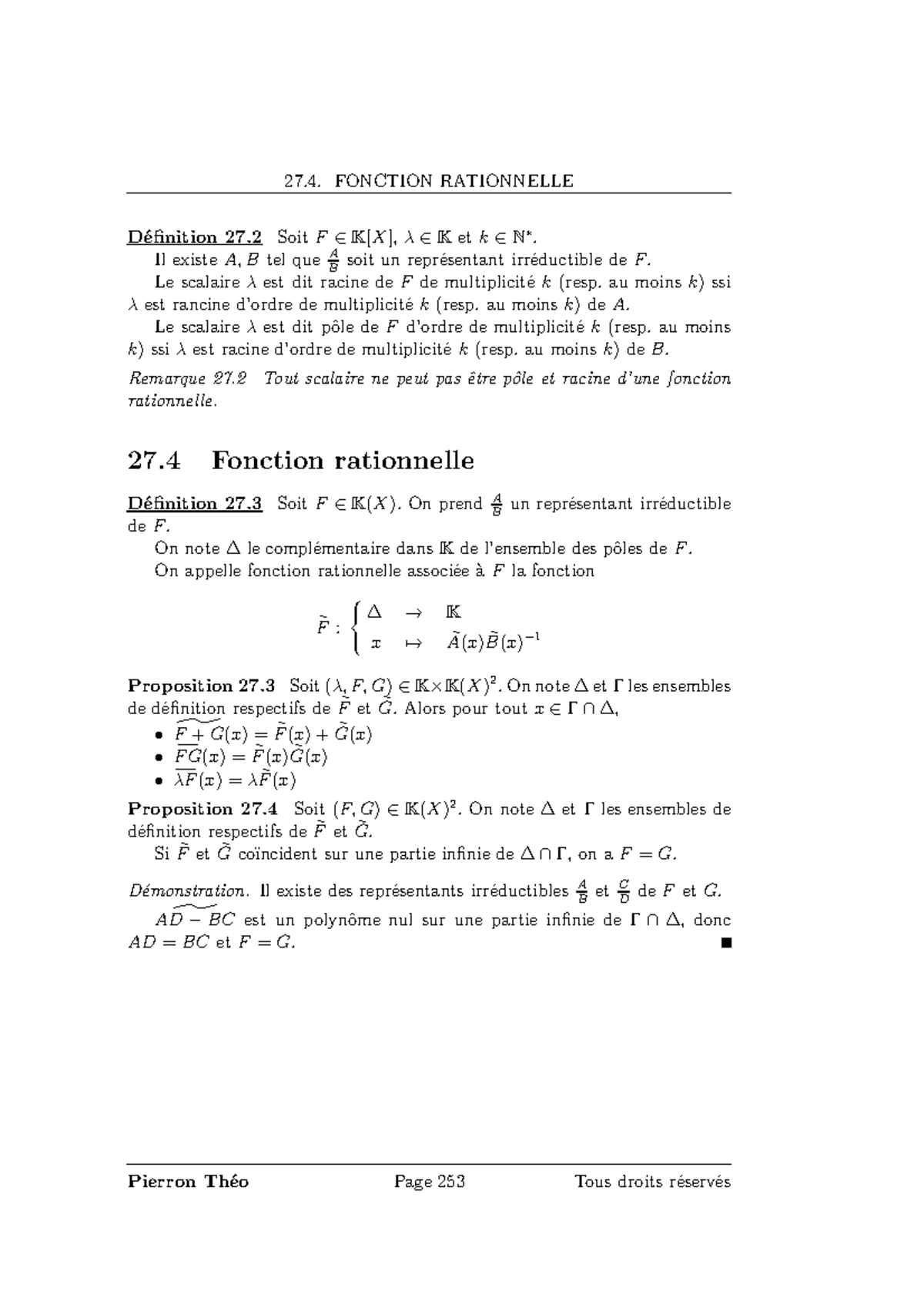 Maths mpsi-91 - 27. FONCTION RATIONNELLE Définition 27 Soit F ∈ K[X], λ ...
