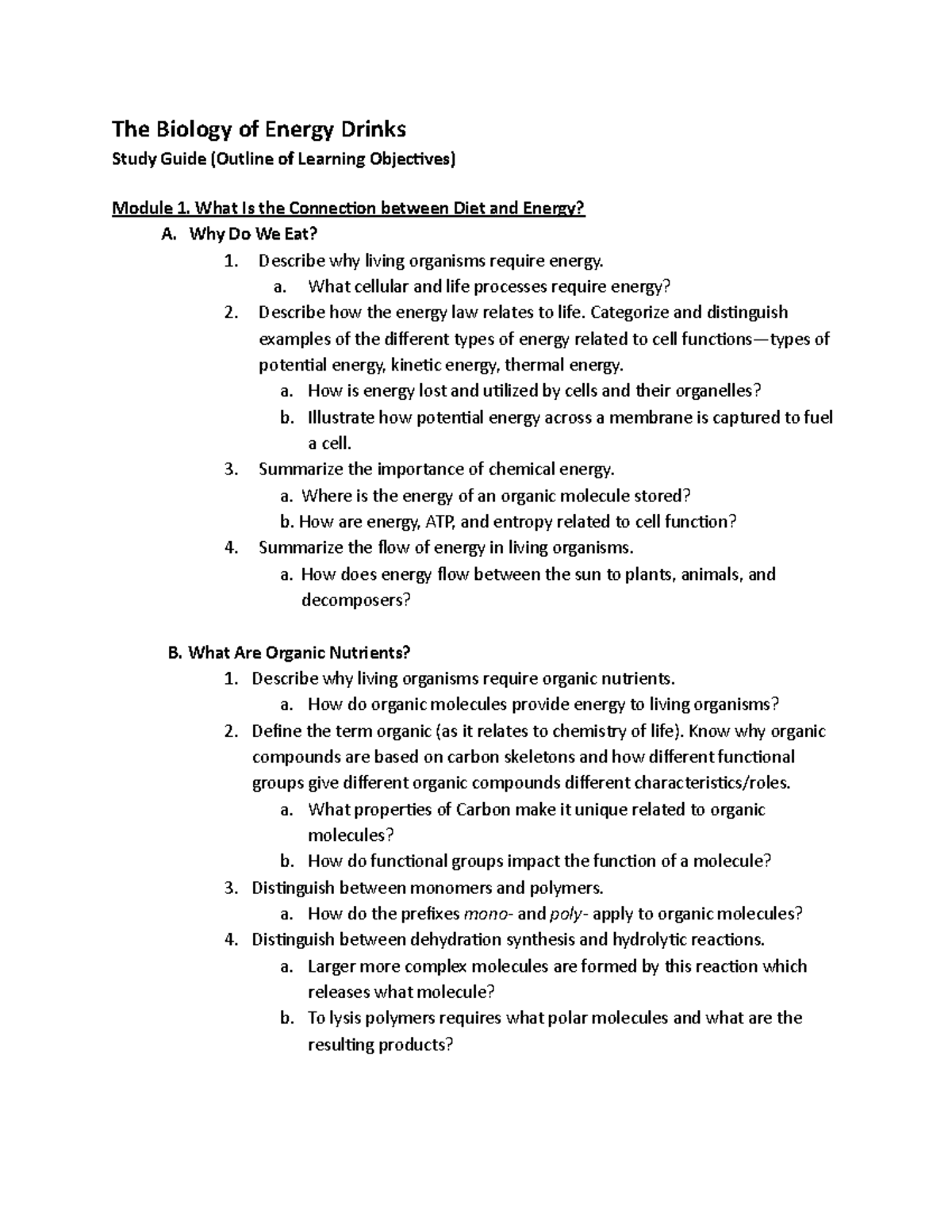 Quiz 1 Energy Drinks Study Guide Module 12 The Biology of Energy