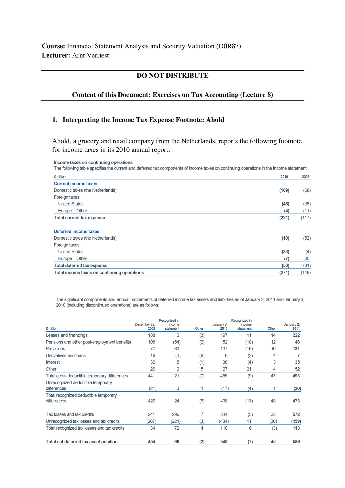 Exercises Lecture 8 - Taxes - Course: Financial Statement Analysis And ...