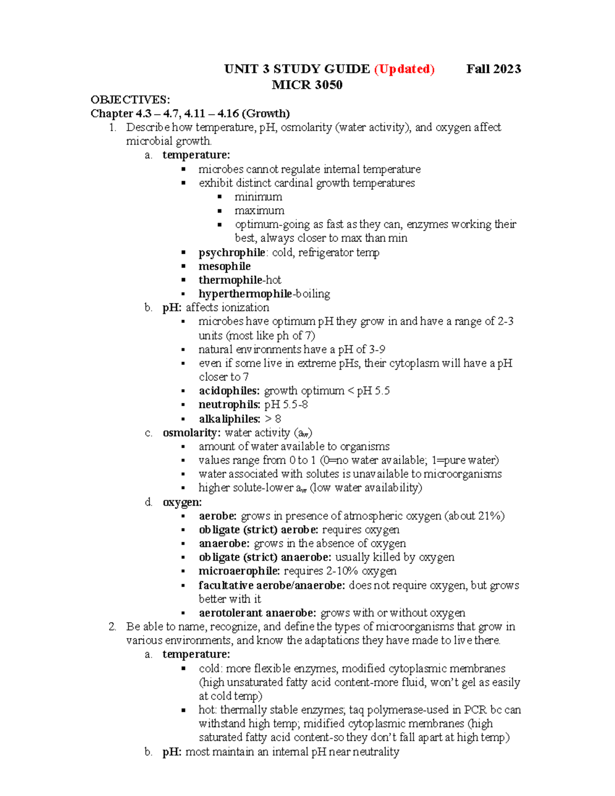 Unit 3 Study Guide - UNIT 3 STUDY GUIDE (Updated) Fall 2023 MICR 3050 ...