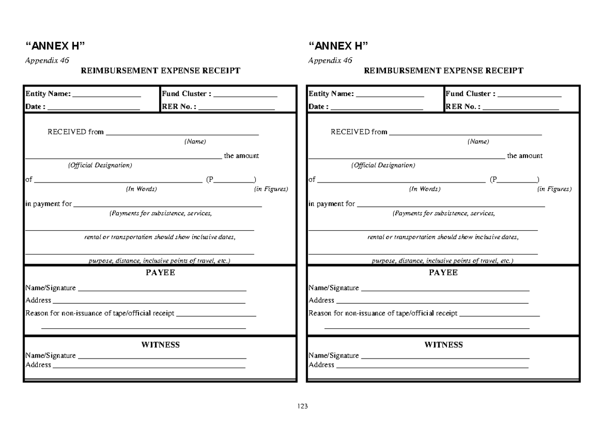 Reimbursement Expense Receipt - “ANNEX H” “ANNEX H” Appendix 46 ...