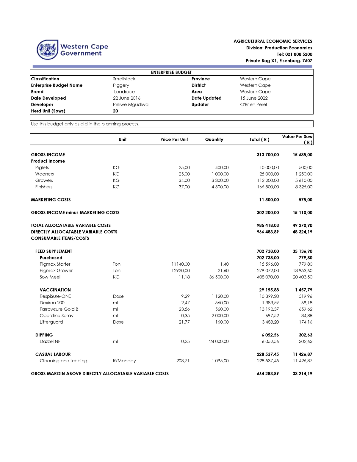 Piggery - AGRICULTURAL ECONOMIC SERVICES Division: Production Economics ...