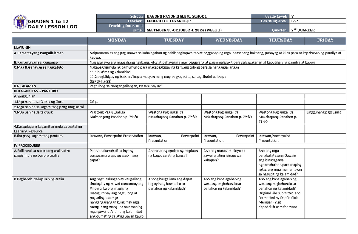 DLL ESP 5 Q2 W1 - LESSON PLAN GUIDES AND IMS - GRADES 1 to 12 DAILY ...