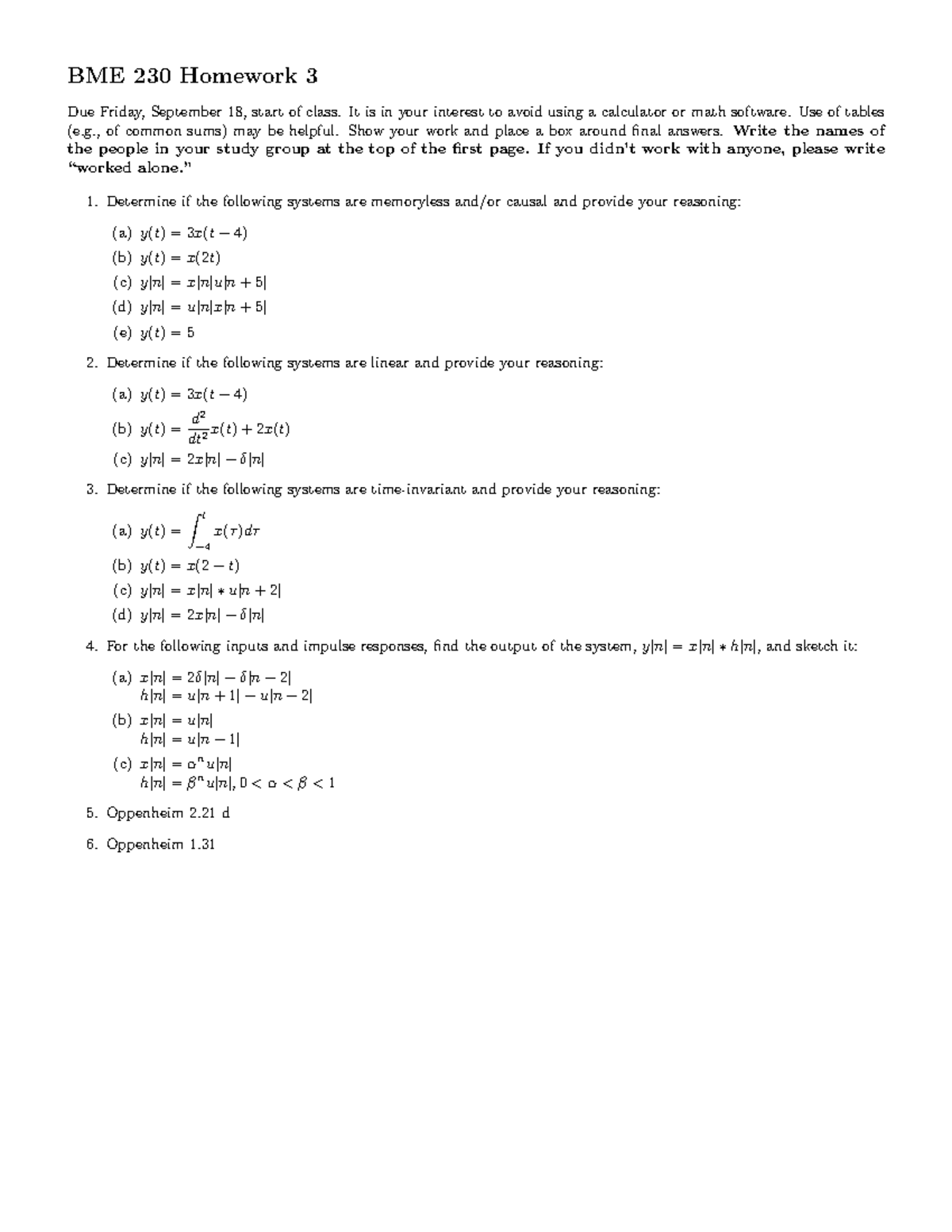 Hw3 Homework 3 Instructions Bme 230 Homework Due Friday September 18 Start Of Class It Is In Your Interest To Avoid Using Calculator Or Math Software Use Studocu