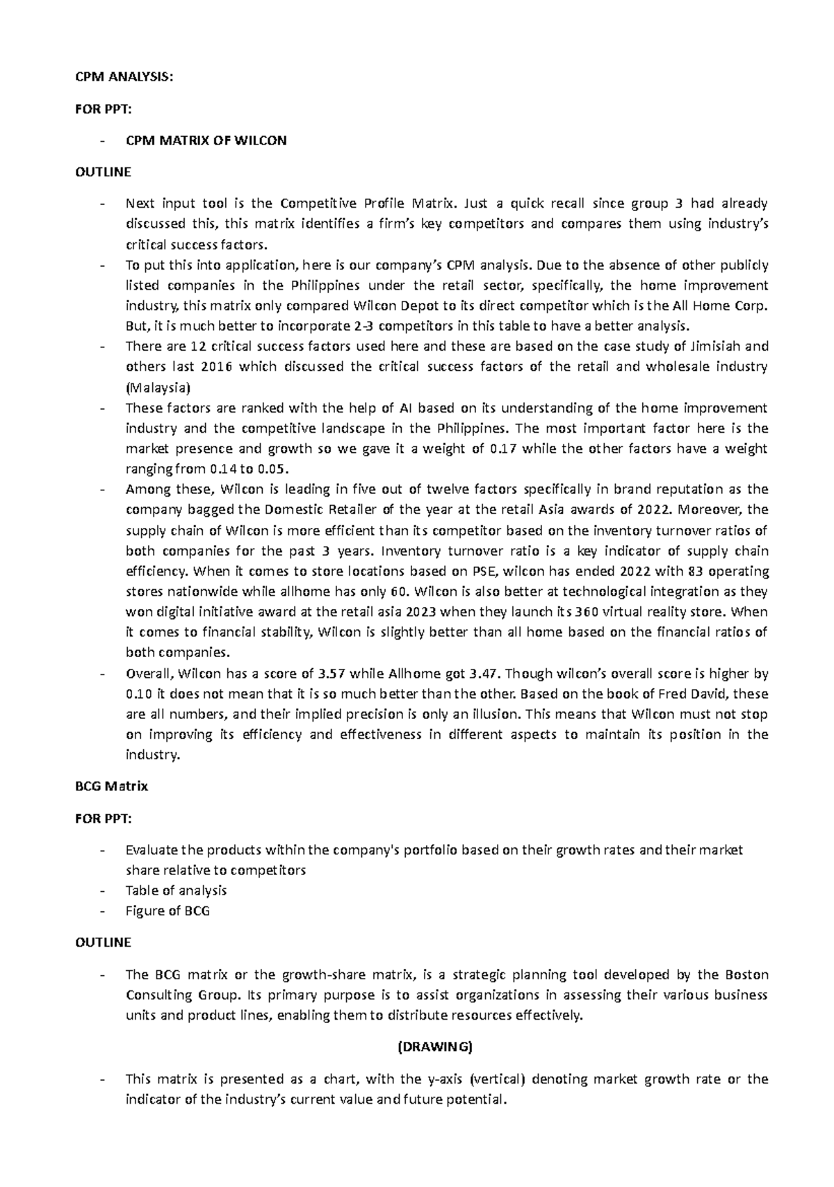 BCG-Matrix - Notes on BCG matrix - CPM ANALYSIS: FOR PPT: - CPM MATRIX ...