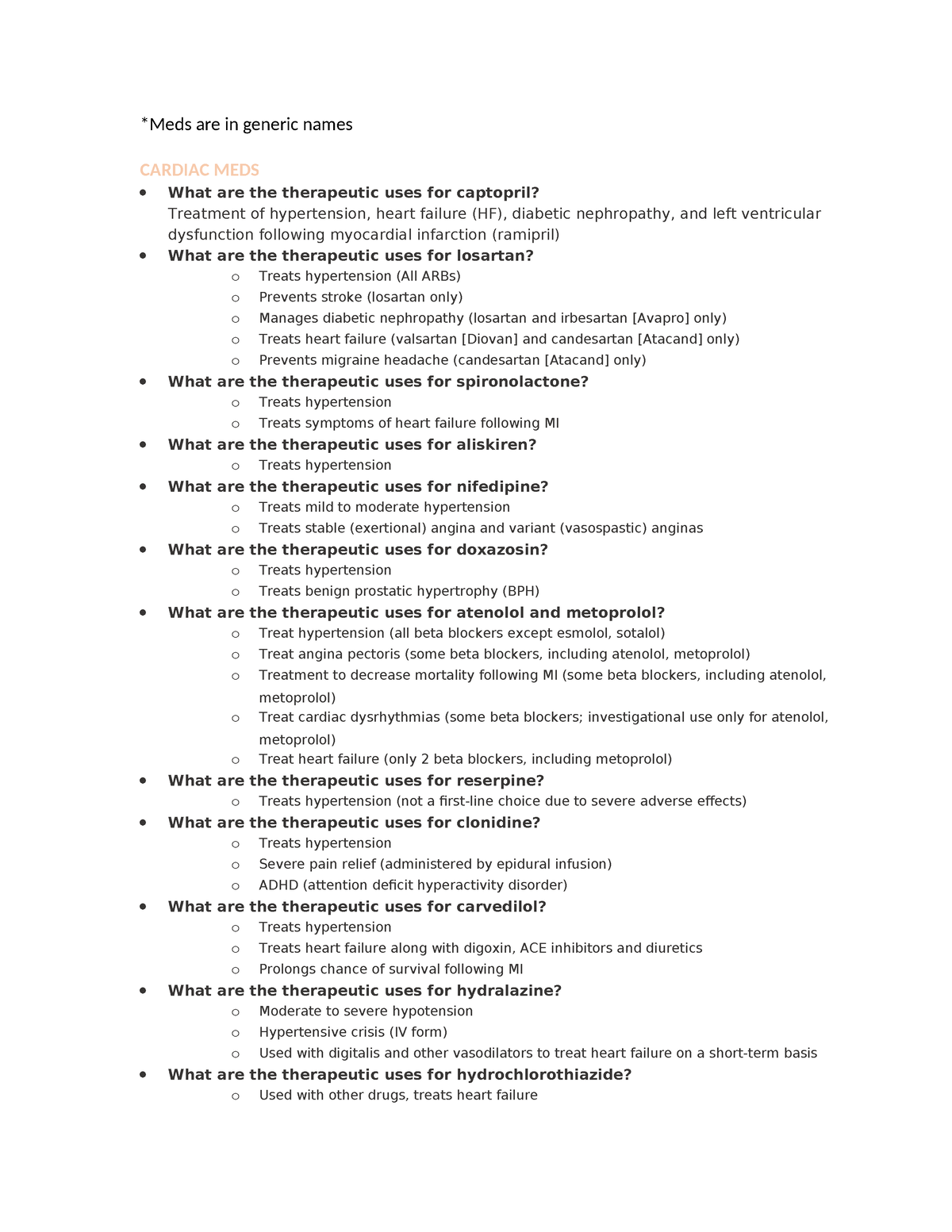 Meds from ATI - Summary Nursing Pharmacology - *Meds are in generic ...