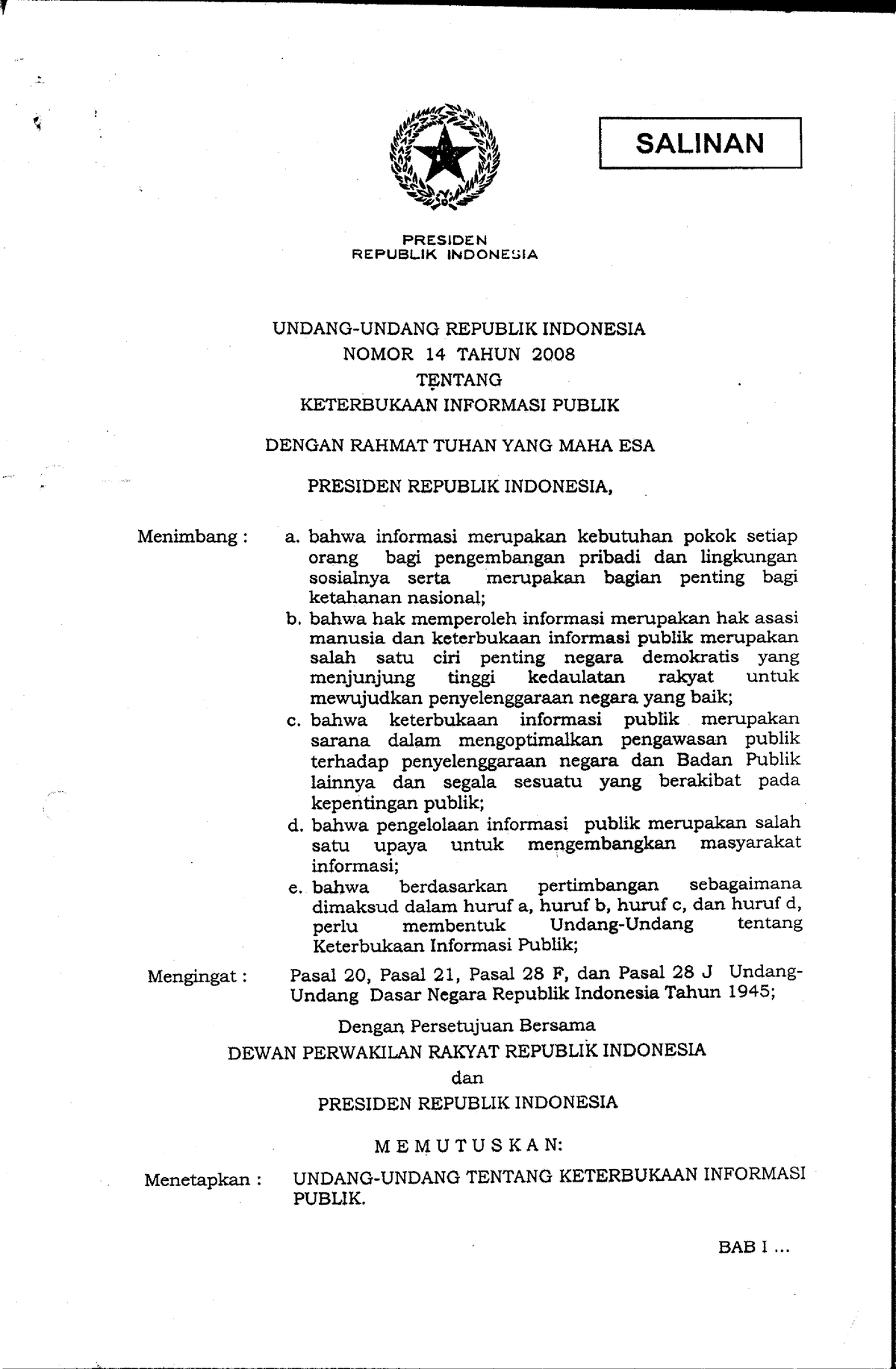 UU No. 14 Thn 2008 - Undang-undang Nomor 14 Tahun 2008 Tentang ...