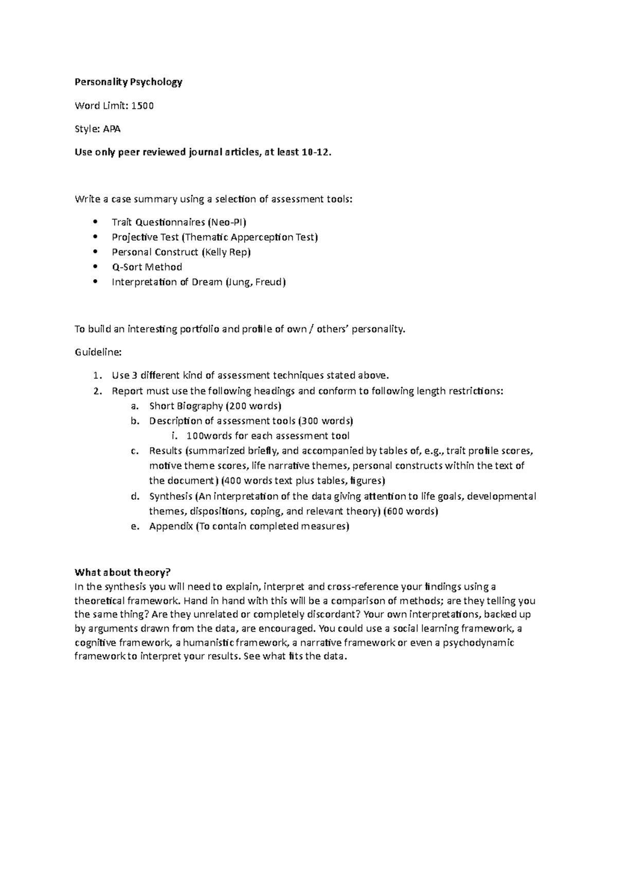 Personality Psychology guide - Personality Psychology Word Limit: 1500 ...