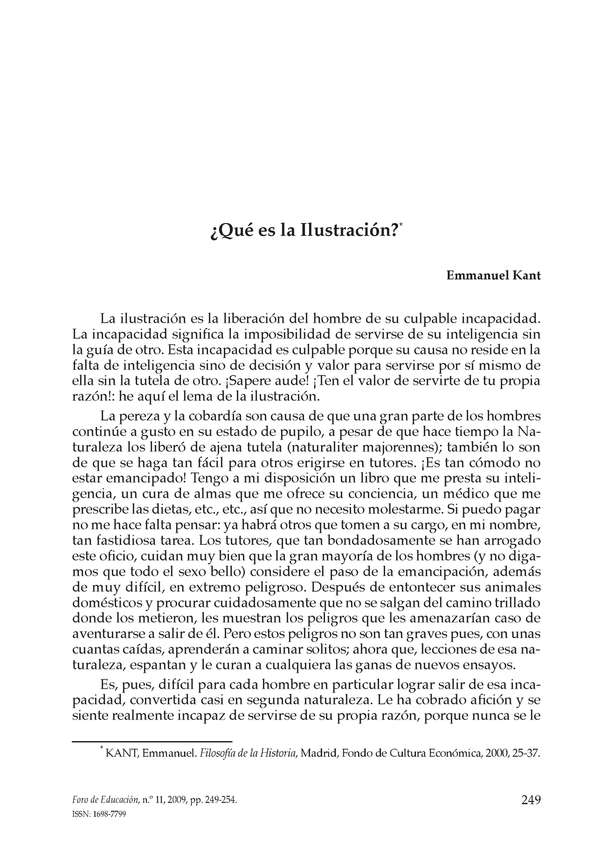 Texto. Kant, I. Qué Es La Ilustracion KANT Emmanuel Filosof de la