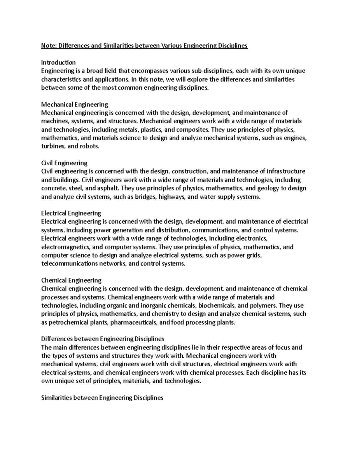 Geng 1180 Differences and Similarities between Various Engineering ...